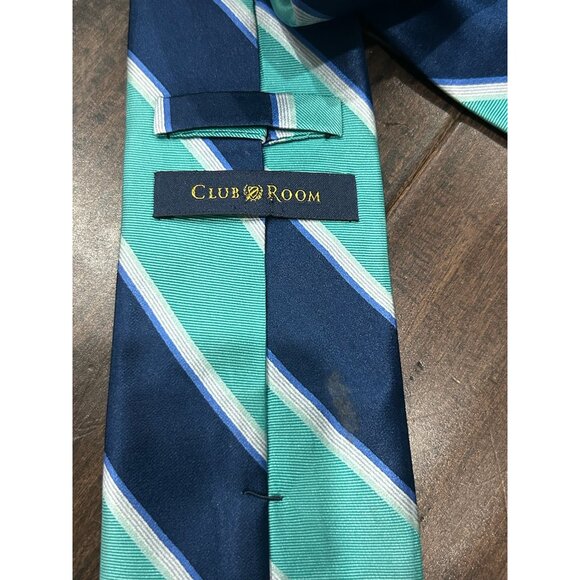 Club Room Striped Silk Necktie Navy Blue Green White Diagonal Stripe Classic - Picture 4 of 8